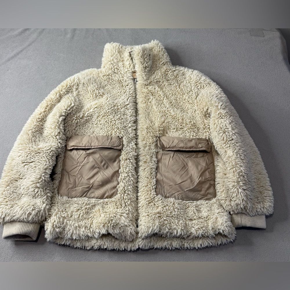 Girl Zara Cozy Cream Sherpa Jacket with Tan Pockets size 10